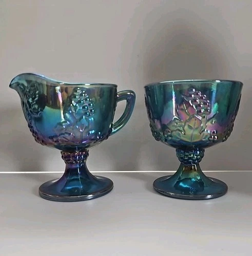 Vintage Indiana Carnival Glass Iridescent Blue Harvest Grape Sugar & Creamer Set
