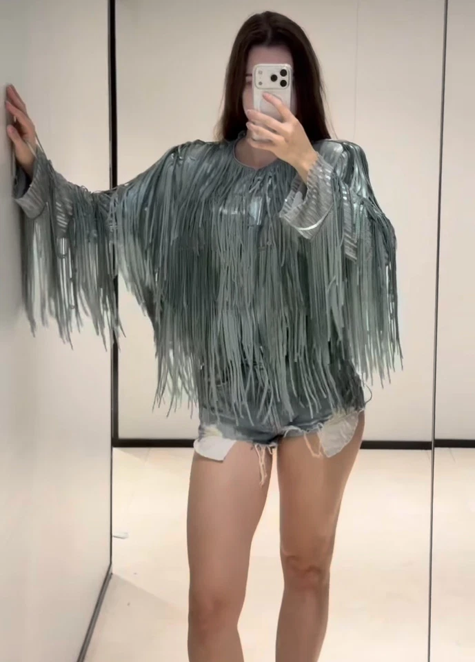 ZARA 2026 ZW Collection Silver Grey Sequin Fringe Jacket Size L 3210/040 Trendy - Image 1 of 4