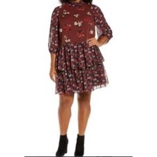 Eliza J Red Burgundy Sheer Floral Tiered Above-Knee Mini Dress Women’s Size 4