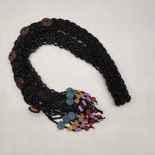 Vtg. Black Glass Beaded 10 Strands Woven Belt Colorful Tassel Beads Boho /j