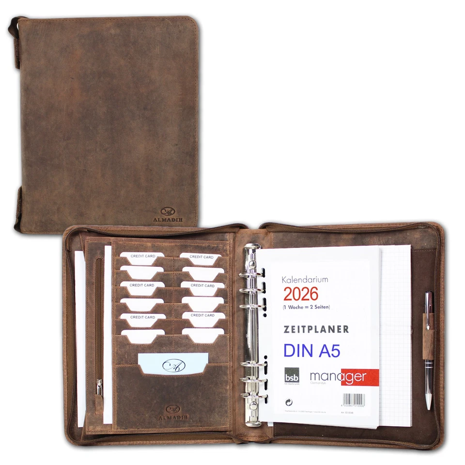 ALMADIH Leder Organizer A5 braun vintage Kalender 2026 Ledermappe Terminplaner