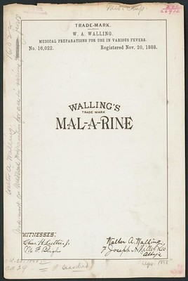 1888 W A Walling Wallings Mal-A-Rine Trademark Medical Preparations Fevers