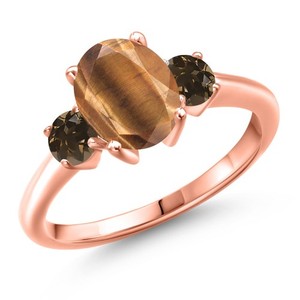Authentic 18K Rose Gold Plated Silver Brown Tiger Eye and Smoky Quartz Engagement Ring