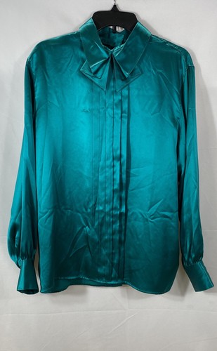 Vintage 80s Classiques Women's Teal Silk Blouse Pintuck Bow Neck Sz 12 - Image 1