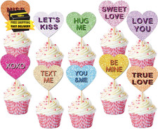 60Pcs Valentines Day Cupcake Toppers with Sticks Glue Point Conversation Hearts 