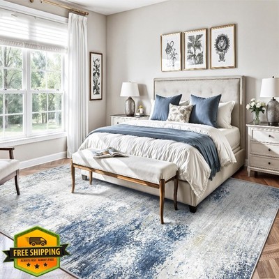 Yarooge 6x9'' Blue White Abstract Rug, Soft Washable Non-Slip Carpet