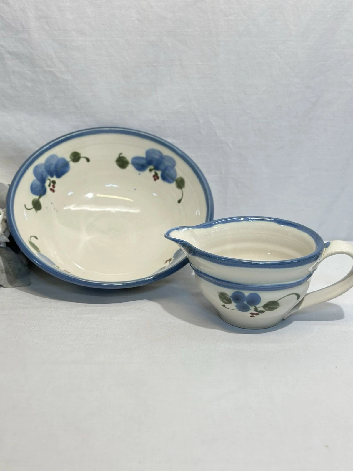 Vintage Handmade Mixing Bowl & Batter Pitcher Blueberry Design Signed 10.5” Bowl