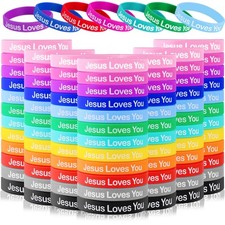 96 Pcs Jesus Loves You Rubber Bracelets Colorful Silicone Wristbands Christia...