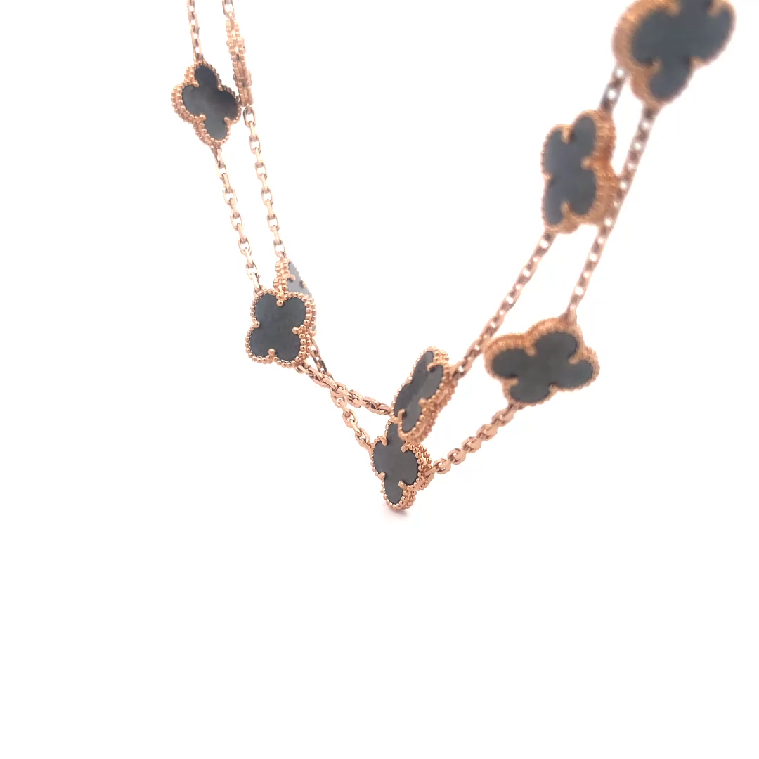 Van Cleef & Arpels Alhambra Silver Obsidian Necklace 18k Rose Gold