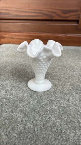 Fenton White Milk Glass Hobnail Trumpet Vase, 4