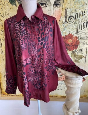 DG2 Diane Gilman Top XL Burgundy Cheetah Leopard Button Front Blouse New