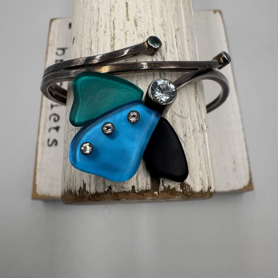 Brazalete de plata de ley 925 hecho a mano firmado diseño de flores piedras azules 23 G Foto 3 de 4