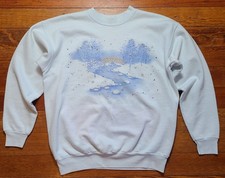 Vintage 80's Winter Scene Graphic Sweatshirt SZ Med Jewel Trees Ice Blue