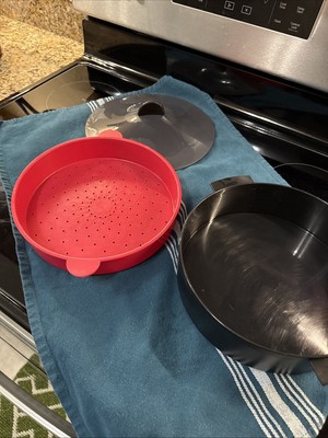 Tupperware 3-Piece Microsteamer Microwave Steamer 9-inch Round Red And Black