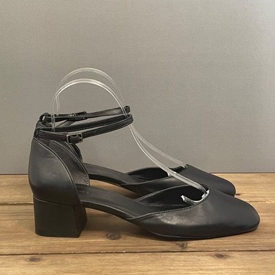 Nordstrom Women's Baina Ankle Strap Pumps Size 8 Black Leather Low Block Heel