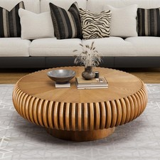 ZUOWENYG Modern Curved Fluted Drum Coffee Table | Solid Wood Round Center Table