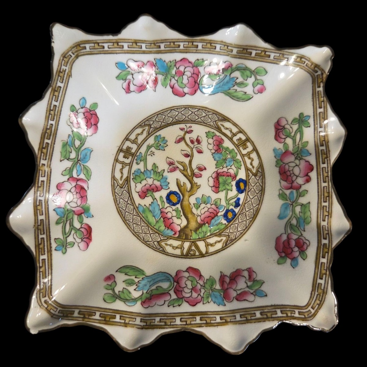 Antique Wavy Fluted Ceramic Square Dish Indian Tree Sampson 