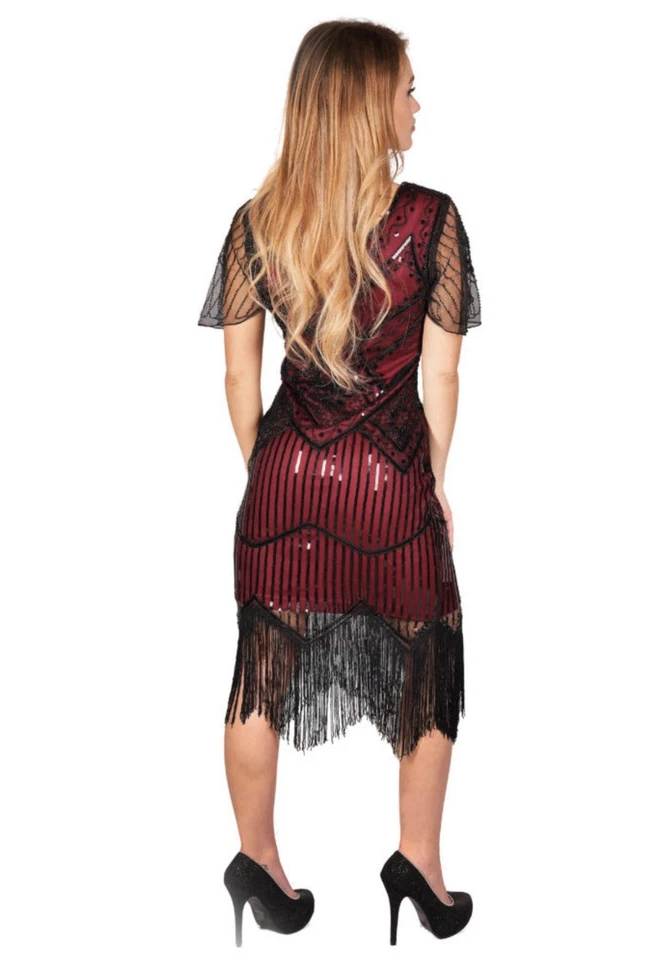 Vestido Roaring años 20 con cuentas aleta Gatsby rojo y negro Halloween con accesorios L Foto 2 de 4