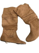 Brown Faux Suede Knee High Slouch Boots Pull On Flat Round Toe Size 7