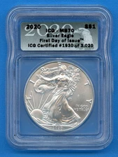 2020 ICG MS70 ASE 1oz American Silver Eagle $1 US Coin First Day of Issue FDOI