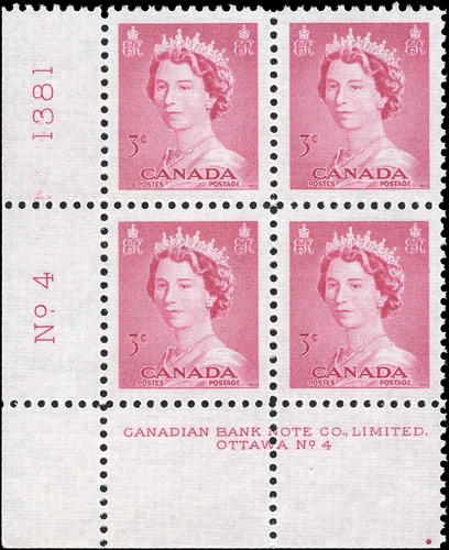 Canada Mint NH VF 3c Scott #327 Pl 4 Lower Left Corner Block 1953 QEII Stamps