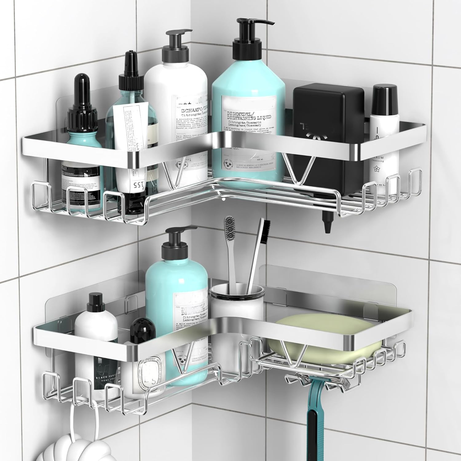 Corner Shower Caddy, Bathroom Shower Organiser, No Drilling Shower Shelf, Adhesi