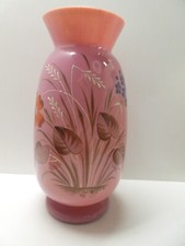 ANTIQUE VICTORIAN PINK CASED GLASS ENAMEL FLORAL FLOWER DECORATED VASE