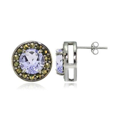 Sterling Silver Amethyst and Marcasite Halo Stud Earrings
