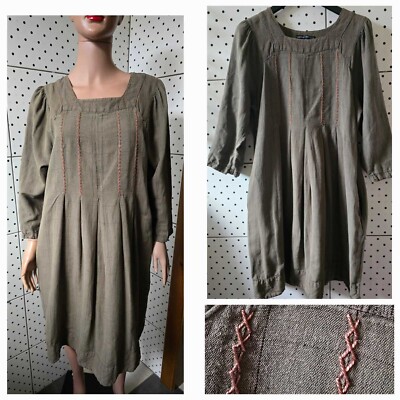 GUDRUN SJODEN Khaki Linen Dress Blend Lagenlook 3/4 Sleeve Embroidered Size  L | eBay