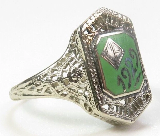 Antique 1929 Enamel Class School Ring Filigree 14K White Gold Size 5.25 UK-K - Image 3 of 4