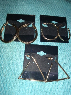 Geometric Set of 3 Goldtone and Zinc E-Coating Round and Triangle Hoops Earrings