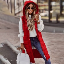 WOMENS LADIES LONG LINE HOODED PUFFER GILET JACKET PADDED VEST BODY WARMER TOP