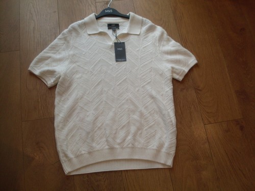 M & S MENS KNITTED COTTON RICH POLO SHIRT - IVORY - LARGE - BNWT