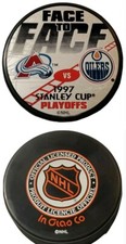 1997 STANLEY CUP PLAYOFFS FACE TO FACE AVALANCHE VS OILERS VINTAGE HOCKEY PUCK 