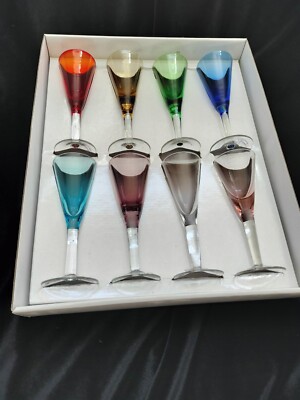 Spectrum Hand Blown Crystal Cordial Flutes set of 8 Assorted Transparent Colors