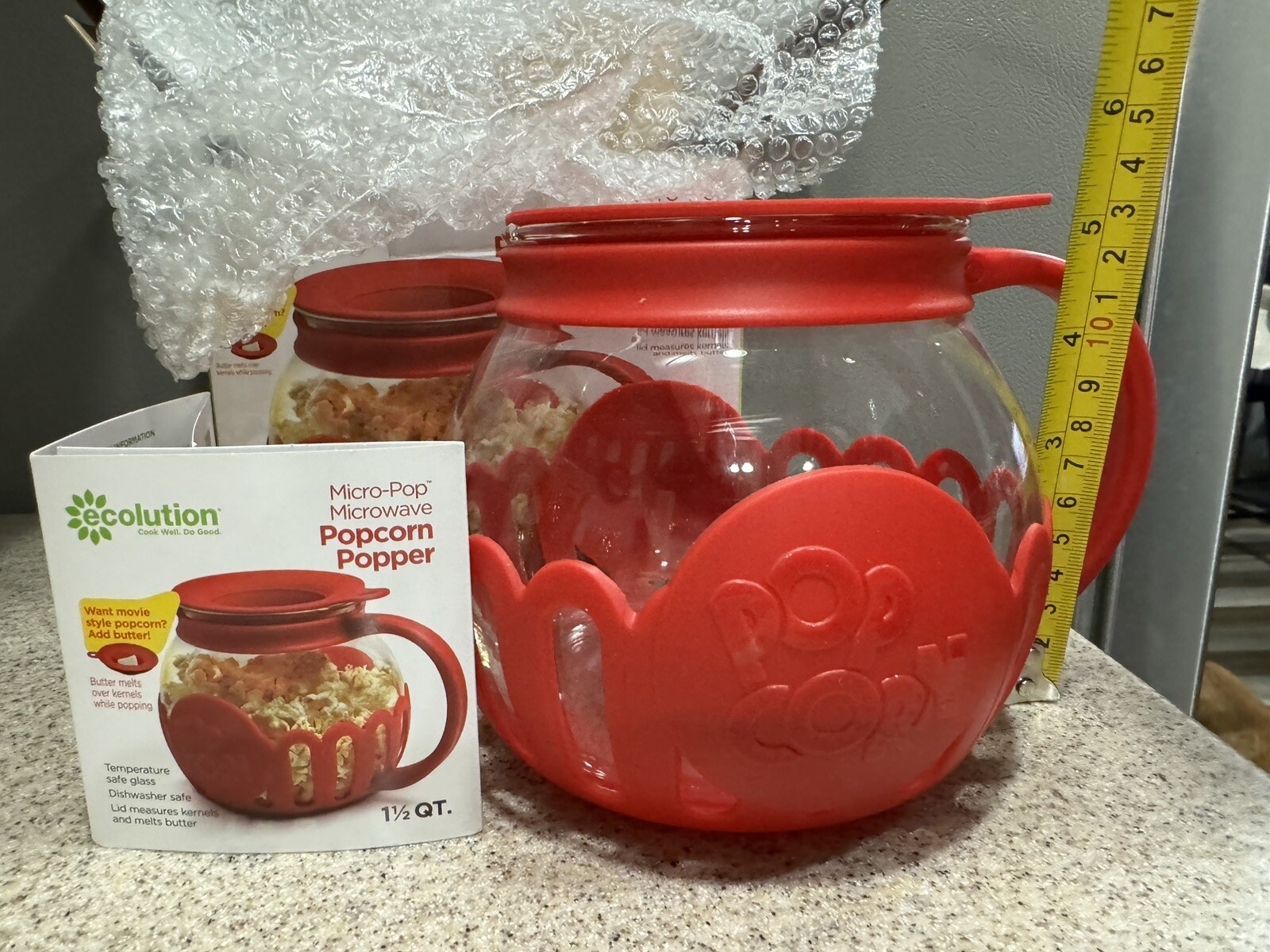 Ecolution Micro Pop 1.5 Quart Glass Silicone Microwave Popcorn Popper Red New!