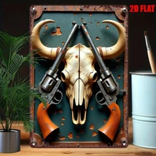 Retro West Cowboy Metal Wall Art Rustic Skull Revolver Tin Plaque Bar/Cafe Decor