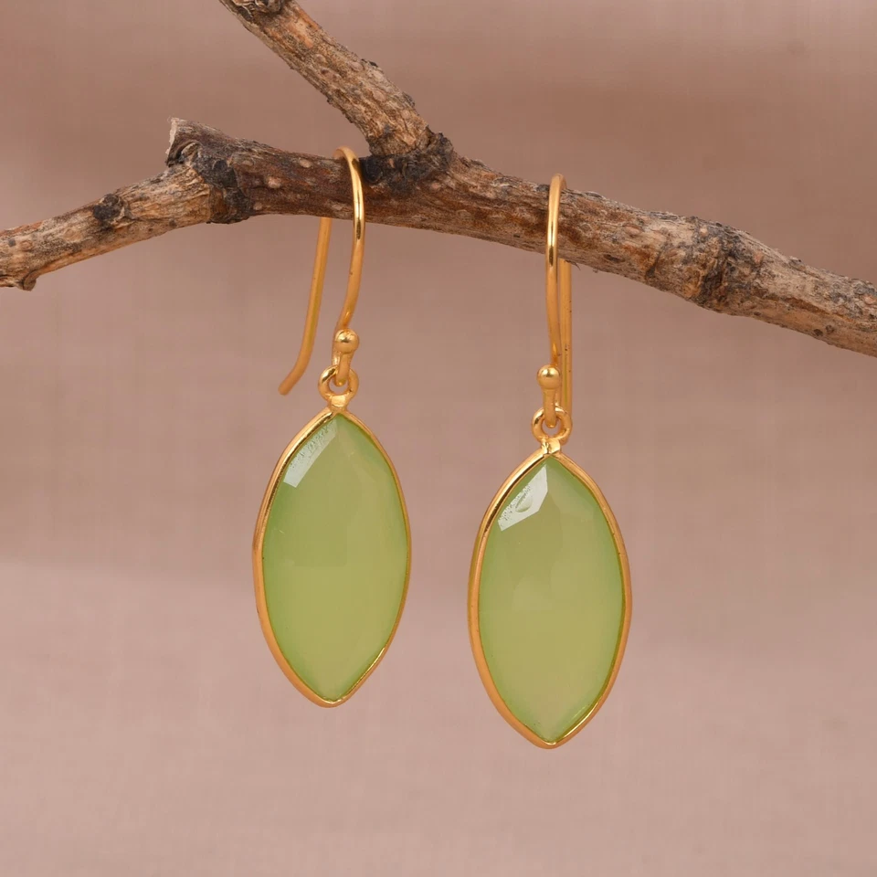 Yellow Gold Marquise Prehnite Chalcedony Dangle Earrings Jewelry For Women Girl - Image 2 of 4