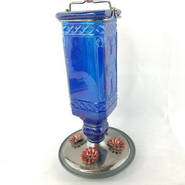 Cobalt Hummingbird Feeder Vintage Bird Hanging Glass Bottle 16 Oz