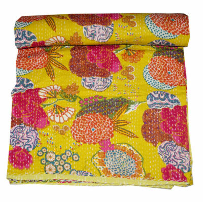 Indian Handmade Fruit Print Kantha Boho Reversible Quilt Throw Bedspread cover