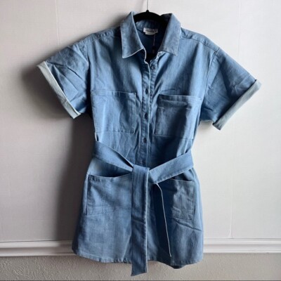 Lovers + Friends Denim Button Down Mini Shirt Dress Kaia Pockets Women XS  NEW