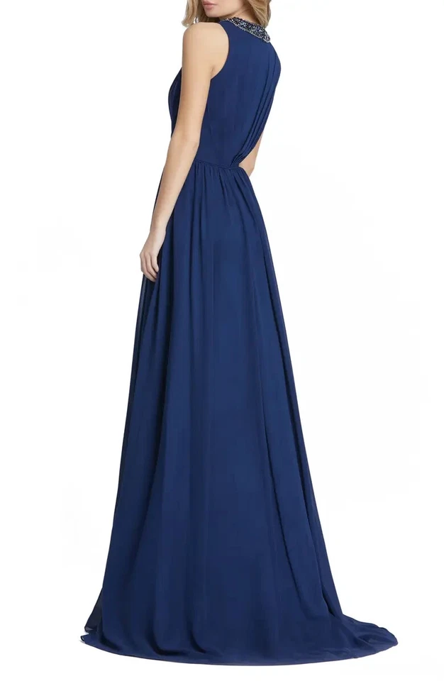 Ieena for Mac Duggal Midnight Blue Embellished High Neck Pleated Gown Sz 16 $398 - Image 2 of 3