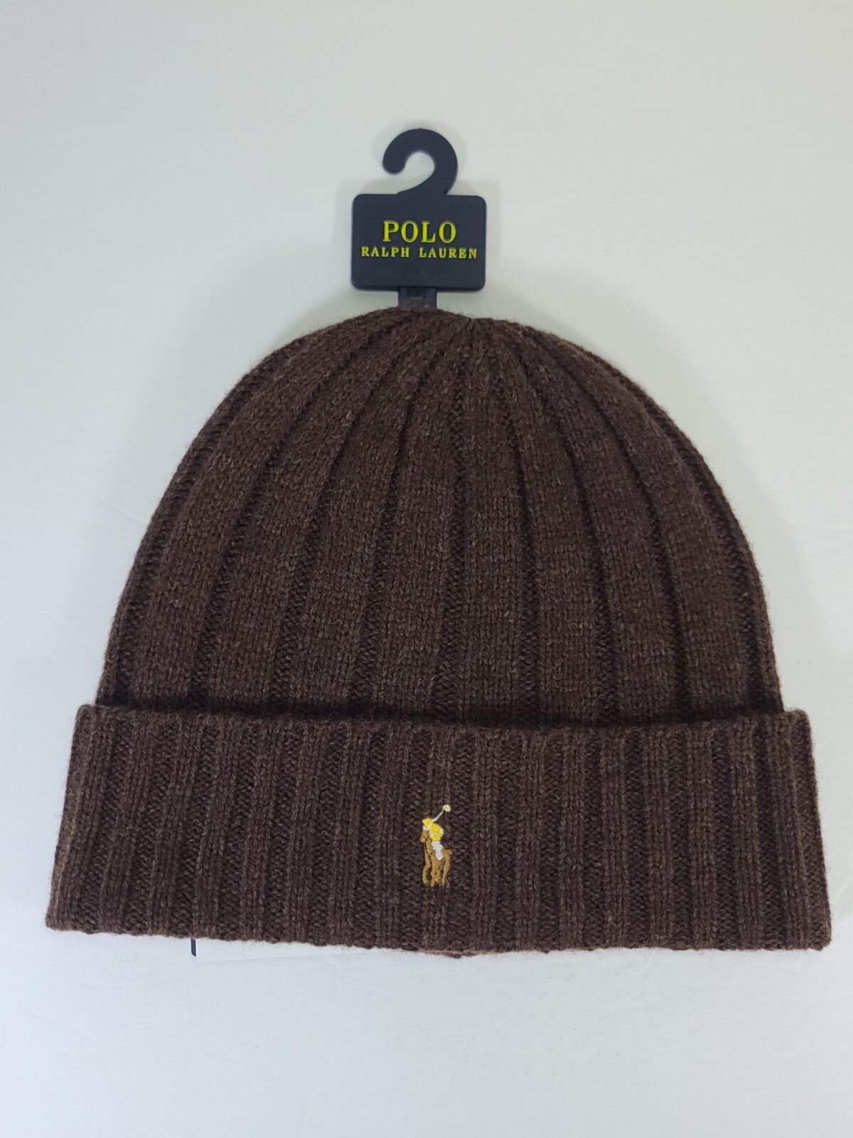 Cappello invernale Polo Ralph Lauren uomo firmato con polsini in maglia berretto logo pony marrone
