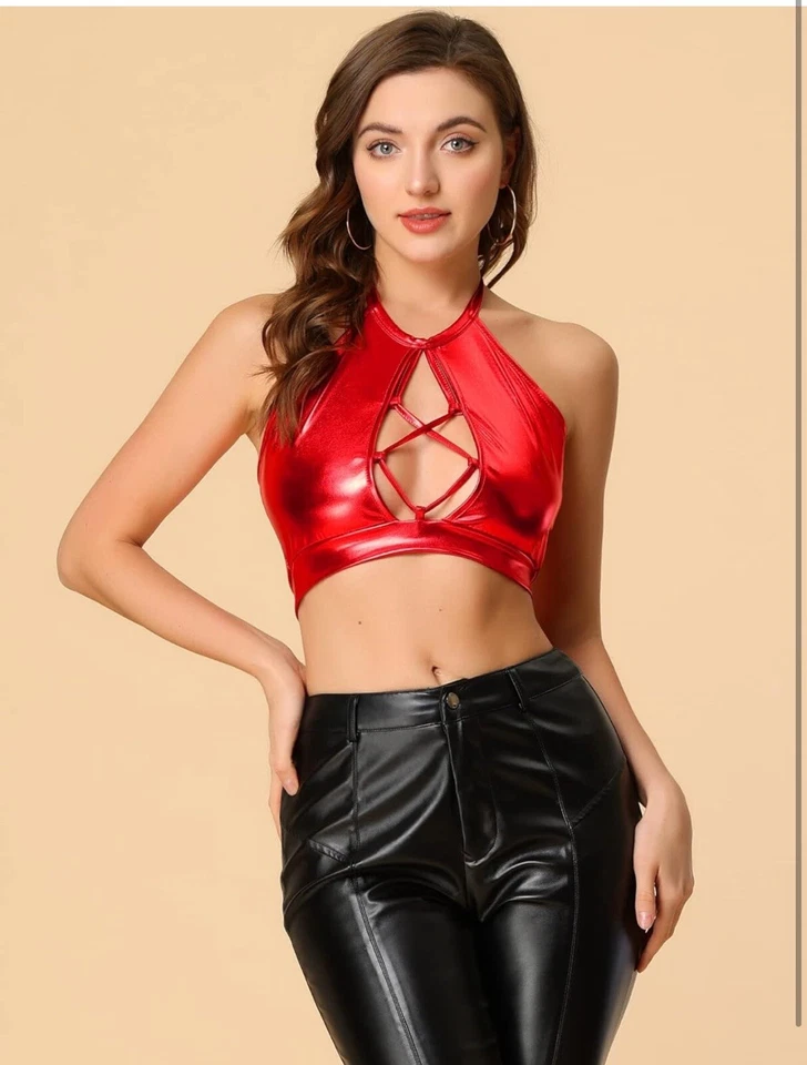 Allegra K Metallic Crop Top for Women Christmas Shiny Sleeveless Cut Out Top Red - Image 2 of 4