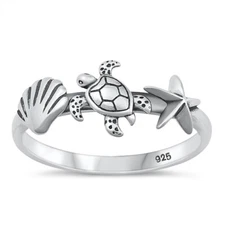 925 Sterling Silver Seashell, Turtle, Star Ring Nature Band 8.4mm Size 4-10