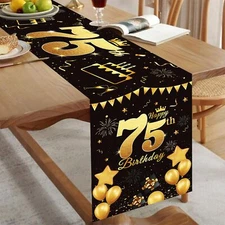 Happy 75th Birthday Table Runner Black Gold Party Decoration 72 Inch