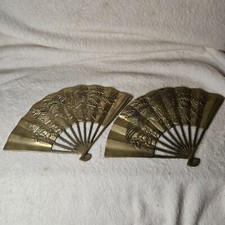 Vintage Brass Chinese Fan Dragon Phoenix Motif Wall Hang Decor Pair
