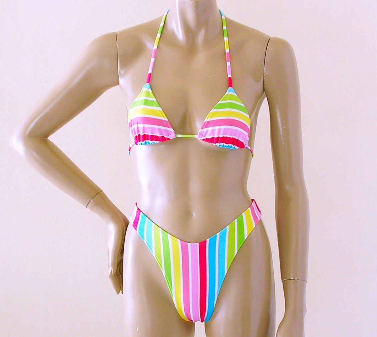 80s 90s High Leg Brazilian Bikini Bottom with Triangle Top in Cabana Stripe