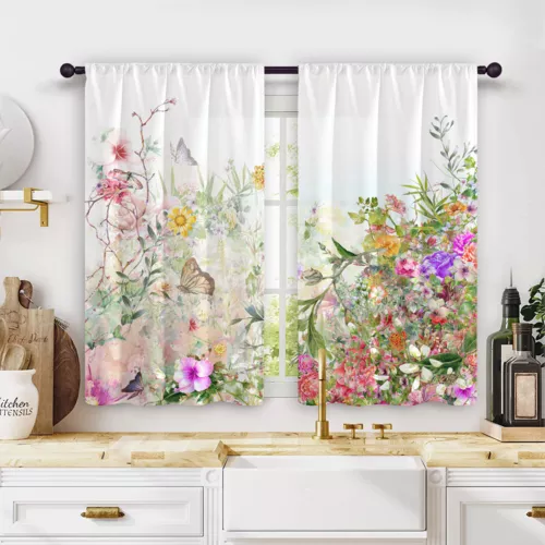 2X Rod Pocket Floral Blackout Valance Kitchen Waterproof Window Curtains Drapes - Picture 40 of 54