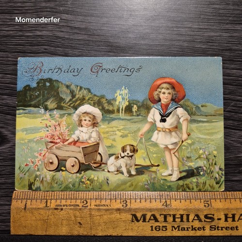 1913 Antique Birthday Postcard Children with Puppy & Wagon of Flowers Posted